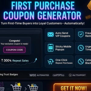 Peut inclure: Un graphique bleu foncé et rose avec le texte "FIRST PURCHASE COUPON GENERATOR" en blanc. Le graphique montre un générateur de code de coupon avec des fonctionnalités telles que l'envoi automatique de coupons VIP, des fenêtres contextuelles mobiles collantes, un minuteur d'urgence, des achats répétés en un clic et une liste noire de catégories. Le graphique comprend également un badge de confiance défilant, un badge "WOO AUTOMATED", un badge "CERTIFIED" et un badge de support 24h/24 et 7j/7. Le graphique comprend également un bouton "GET IT NOW !".