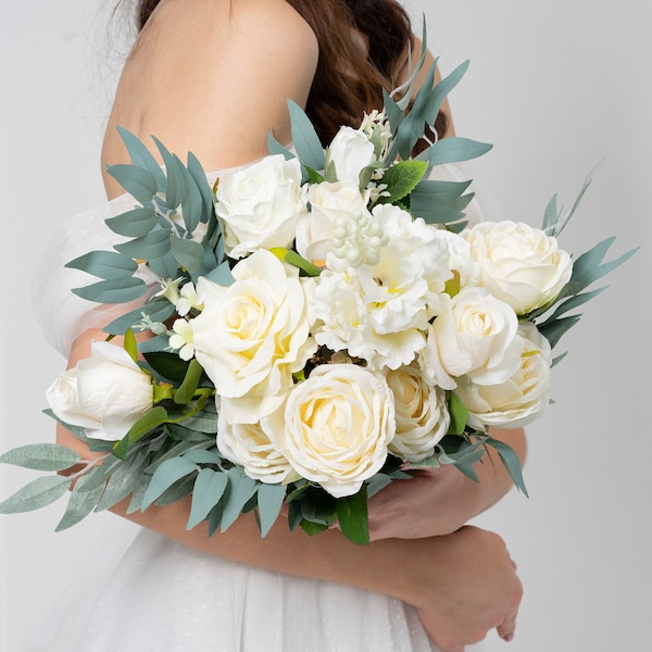 Bouquet de mariée blanc, Fleurs de mariage, Bouquet de mariage d’eucalyptus, Bouquet de mariée, Bouquet de mariage, Bouquet de demoiselle d’honneur, Bouquet de mariage rose