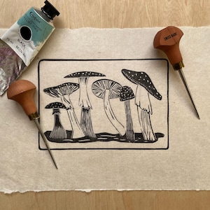 Mushrooms - hand cut and hand burnished linoprint  | wall art | lino cut | art print