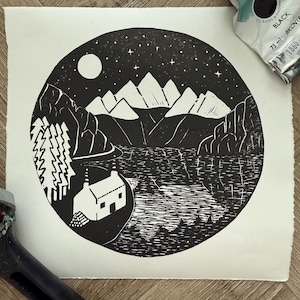 Moonlit Mountains - original hand burnished lino print