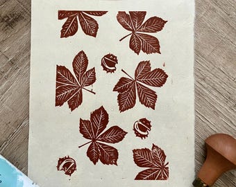 Hand Burnished Linoprint: Horse Chestnut Leaves, Autumn Wall Art