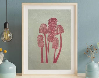 May include: A framed art print featuring a cluster of stylized pink mushrooms against a light green background. The mushrooms have detailed caps and stems, and the print is set in a light wood frame.
