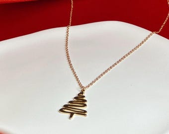 Gold Christmas Tree Necklace, Holiday Jewellery Gift for Her, Winter Pendant, Festive Xmas Jewellery