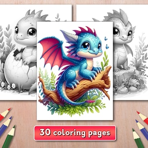 May include: A coloring book featuring 30 pages of cute baby dragons. The cover shows a blue dragon with pink wings sitting on a tree branch. The dragon has big eyes and a friendly expression.