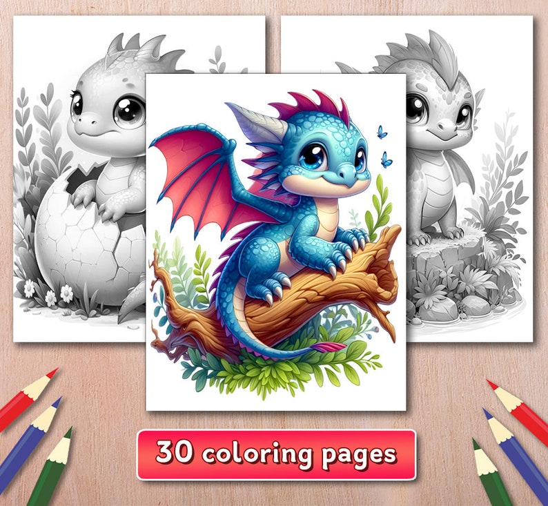 May include: A coloring book featuring 30 pages of cute baby dragons. The cover shows a blue dragon with pink wings sitting on a tree branch. The dragon has big eyes and a friendly expression.