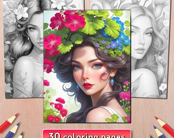 Women with Flowers Coloring Book: Grayscale Female Portraits (PDF File)