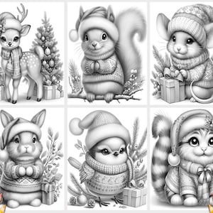 May include: A coloring book page featuring nine different animals wearing winter hats and scarves. The animals include a deer, squirrel, mouse, rabbit, bird, and cat. The animals are all drawn in a cartoon style and are surrounded by winter-themed decorations.