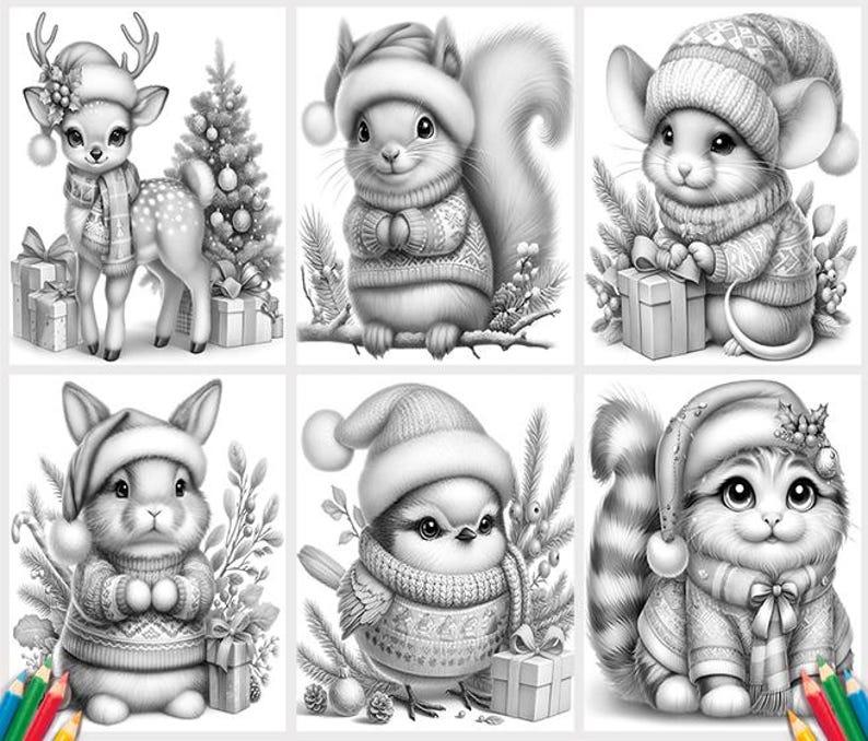May include: A coloring book page featuring nine different animals wearing winter hats and scarves. The animals include a deer, squirrel, mouse, rabbit, bird, and cat. The animals are all drawn in a cartoon style and are surrounded by winter-themed decorations.