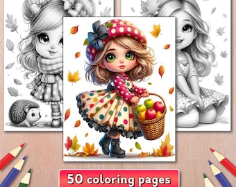 Autumn Girl Coloring Book, Lady Grayscale Coloring Page, 50 Printable Pages PDF