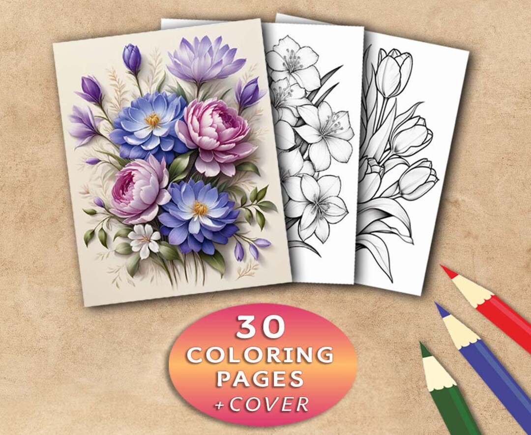Floral Coloring Book: 30 Grayscale Flower Illustrations (printable PDF ...