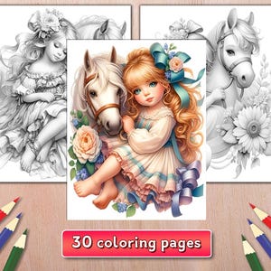 Girl and Horse Coloring Book: 30 Grayscale Pages (Instant Download)