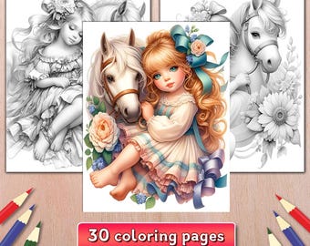 Girl and Horse Coloring Book: 30 Grayscale Pages (Digital Download)