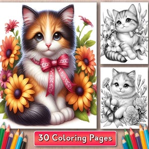 Floral Cats Coloring Book: 30 Grayscale Animal Coloring Pages (PDF)