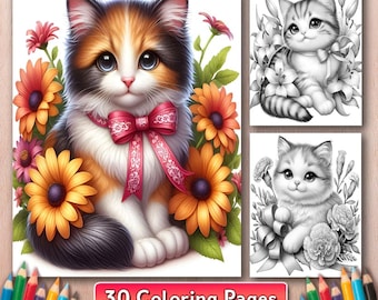 Floral Cats Coloring Book: 30 Grayscale Animal Coloring Pages, Digital Download (PDF)