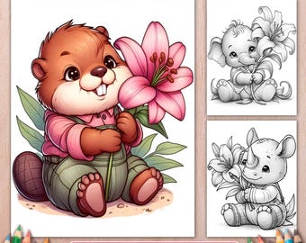 Adorable Animals with Lily Flower Coloring Book, 50 Grayscale Pages, Printable PDF