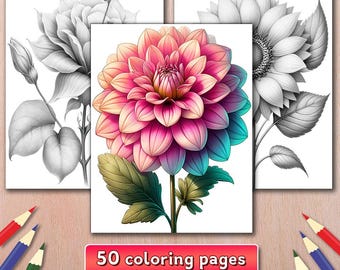 50 Flowers Coloring Pages: Grayscale Floral Illustrations, Digital Download (Printable PDF File)