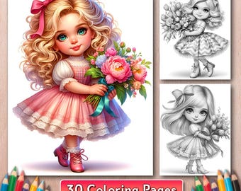 May include: A digital illustration of a young girl with blonde curly hair wearing a pink dress and holding a bouquet of flowers. The image includes two black and white drawings of the same girl. The text "30 Coloring Pages" is displayed at the bottom.