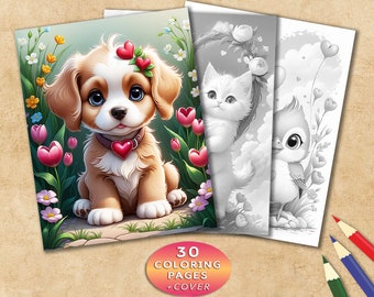 Animal Grayscale Coloring Book, Puppy, Kitten, Bird (Printable PDF