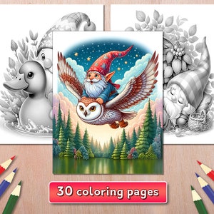 30 Funny Gnome Coloring Pages, Cute Gnome Coloring Book, Grayscale Coloring Book, Gnome Printable, Fantasy Coloring Sheets