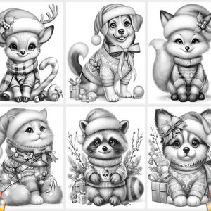 May include: Black and white coloring page featuring six different animals wearing winter hats and scarves. The animals include a deer, a fox, a dog, a raccoon, and two puppies.