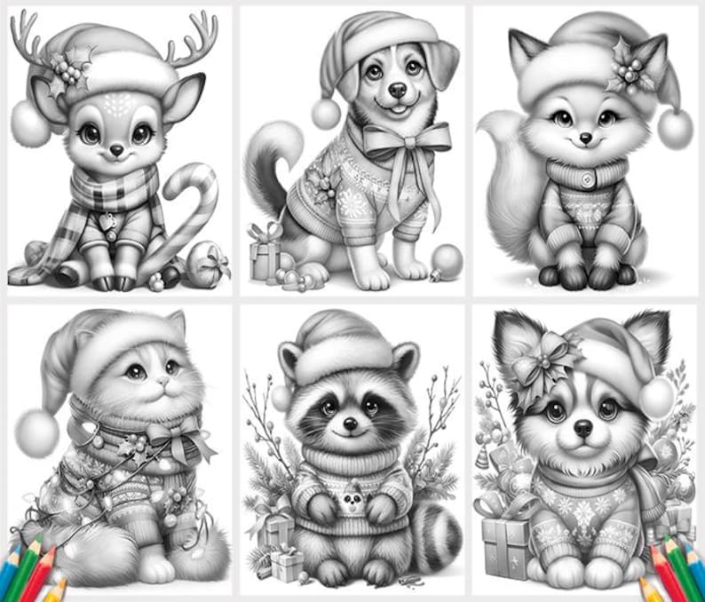 May include: Black and white coloring page featuring six different animals wearing winter hats and scarves. The animals include a deer, a fox, a dog, a raccoon, and two puppies.