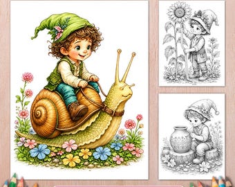 Forest Gnome Boy Grayscale Coloring Book, 50 Woodland Fantasy Pages, Printable PDF