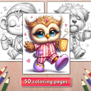 50 Animals with Cup of Coffee Coloring Pages, Animals in Pajamas Grayscale Coloring Pages, Cute Animal Coloring Book, Printable Pages PDF
