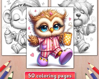 May include: A coloring book with 50 pages featuring a cute cartoon owl wearing pajamas and holding a cup of coffee. The owl has brown feathers, blue eyes, and a pink and white striped pajama top. The owl is standing on a white background with pink hearts.