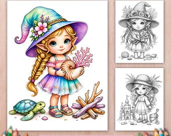 Whimsical Summer Gnome Girl Coloring Book, 50 Grayscale Pages, Fantasy Gnomes, Printable PDF