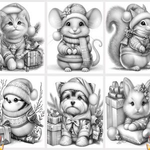 May include: A coloring book page featuring ten different animals wearing winter hats and scarves. The animals include a cat, mouse, squirrel, bird, dog, and rabbit. The animals are all in black and white and are surrounded by holiday-themed decorations.