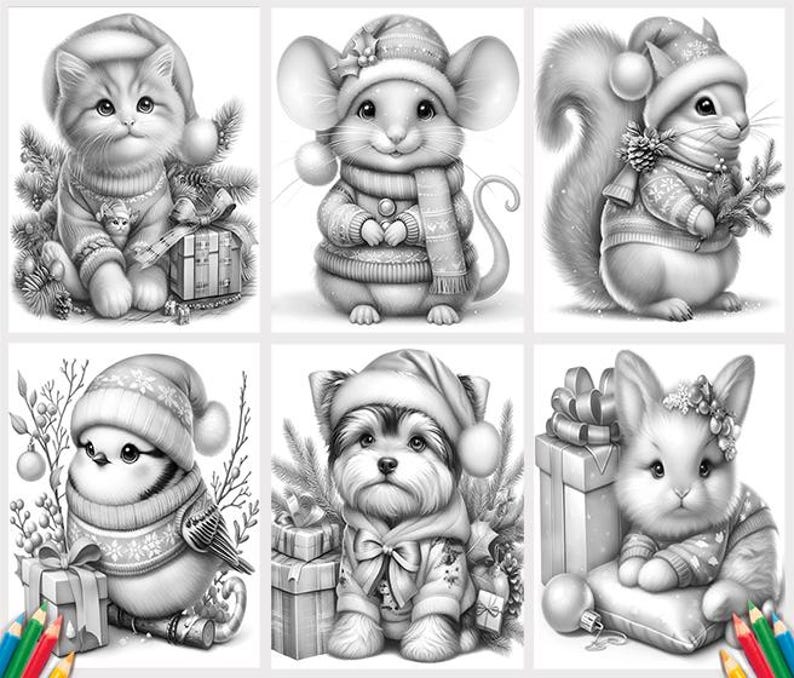 May include: A coloring book page featuring ten different animals wearing winter hats and scarves. The animals include a cat, mouse, squirrel, bird, dog, and rabbit. The animals are all in black and white and are surrounded by holiday-themed decorations.
