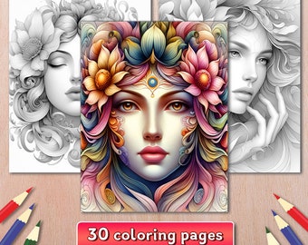 Flower Goddess Coloring Book: 30 Grayscale Fantasy Pages (Digital Download)