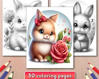 Kaninchen Malseiten, Blumen, Graustufen Illustrationen (30 druckbare Seiten PDF)
