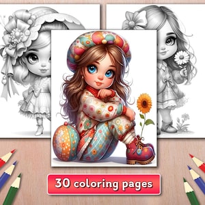 Può includere: Un libro da colorare con 30 pagine con illustrazioni di ragazze con fiori e una palla. Le illustrazioni sono in bianco e nero.