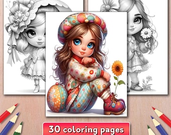 Little Girls Grayscale Coloring Book, 30 Fashion Cuties Lady Coloring Pages, Digital Download