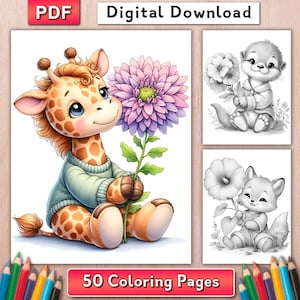 May include: A digital download coloring book featuring 50 pages with illustrations of a giraffe in a light green sweater holding a large purple flower, alongside black and white line art of an otter and a fox holding flowers.