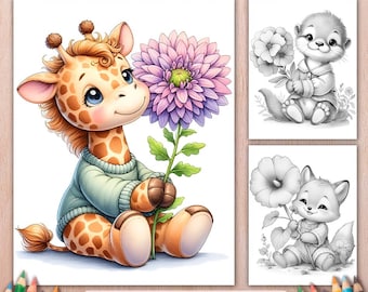 Animal Grayscale Coloring Book, 50 Animals with Flowers Coloring Pages, Printable PDF