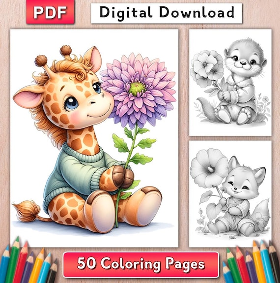 Animal Grayscale Coloring Book, 50 Animals with Flowers Coloring Pages, Printable PDF