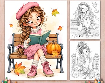 Cozy Autumn Girl Adventures Coloring Book, 50 Grayscale Pages, Printable Fall Coloring PDF