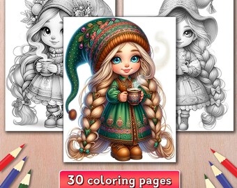 Gnome with Tea Coloring Book, 30 Grayscale Pages (PDF Pattern)