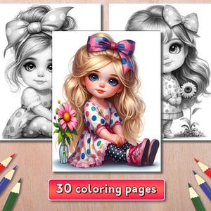 30 かわいい女の子のグレースケールぬり絵ページ、女の子のファッションぬり絵、かわいくてクールな女の子のぬり絵、PDF