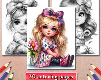 30 Little Girls Grayscale Coloring Pages, Lady Coloring Book, Digital Download PDF