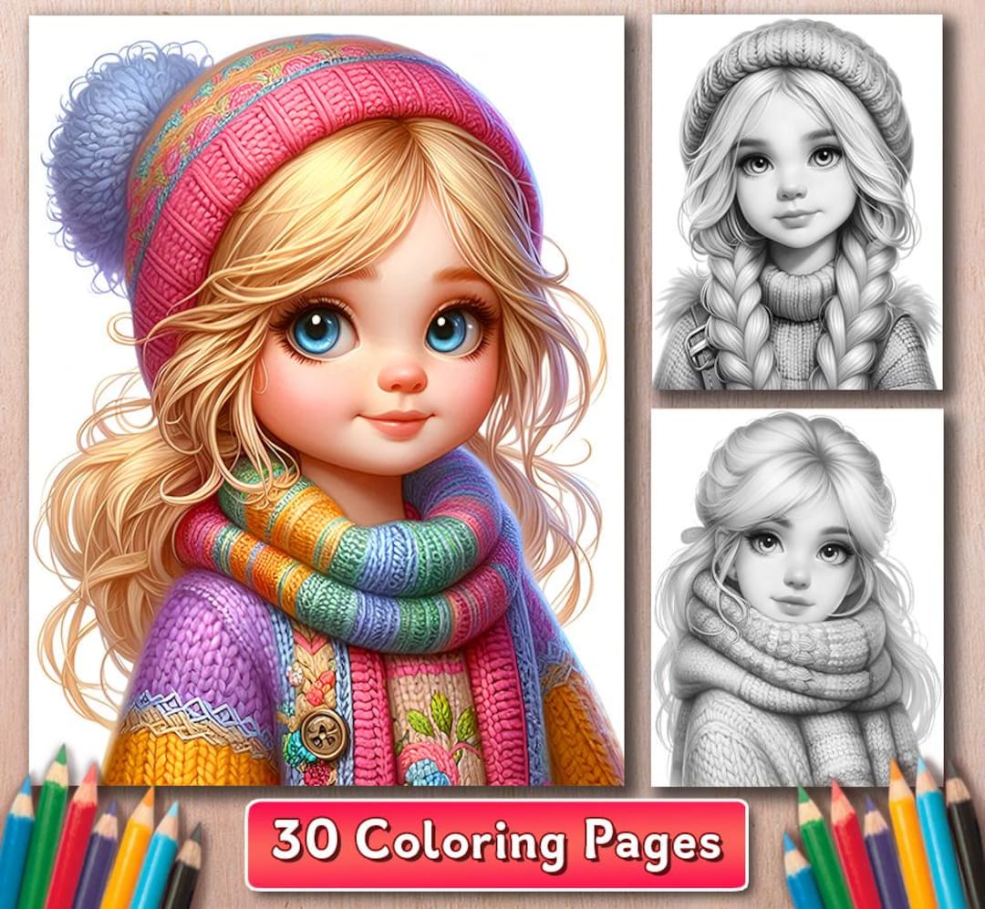 Winter Girls Portrait Coloring Book 30 Grayscale Pages, Digital