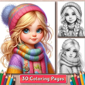 30 Portrait of Winter Girls Coloring Pages, Cute Girl Coloring Book, Winter Girls Grayscale Coloring Pages, Portraits of Girls in Grayscale