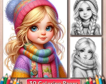 Winter Girls Portrait Coloring Book: 30 Grayscale Pages, Digital Download (PDF)