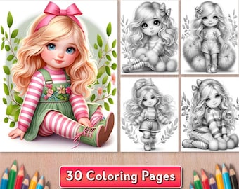 Girls Coloring Book, Fashion Cuties Lady Coloring Pages, 30 Grayscale Art, Digital Download