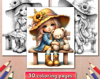 Girls on Bench Coloring Book: 30 Grayscale Pages (PDF Digital Download)