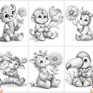 May include: A set of six black and white line art illustrations featuring a leopard, monkey, donkey, moose, giraffe, and toucan. Each animal is depicted in a seated position holding a large flower, rendered in a clean, detailed coloring page style.