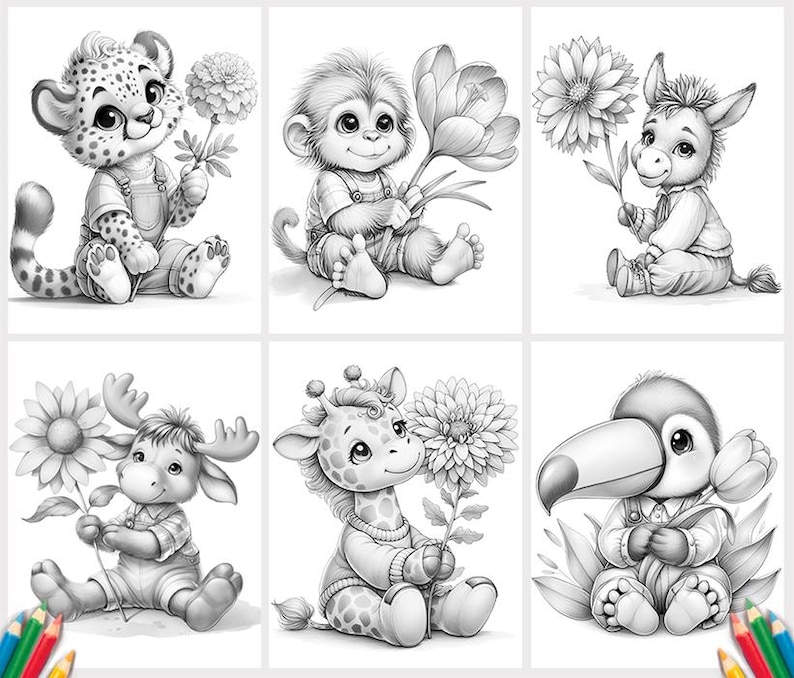 May include: A set of six black and white line art illustrations featuring a leopard, monkey, donkey, moose, giraffe, and toucan. Each animal is depicted in a seated position holding a large flower, rendered in a clean, detailed coloring page style.