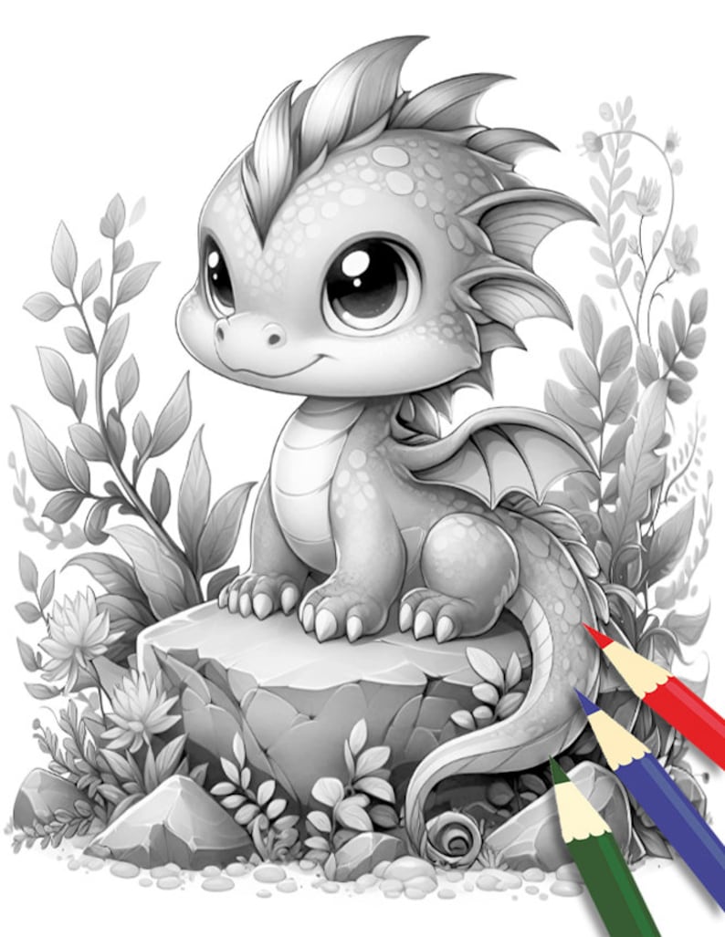 May include: A black and white illustration of a cute baby dragon sitting on a rock with green foliage surrounding it. The dragon has large eyes and a long tail. Three colored pencils are shown in the bottom right corner of the image.